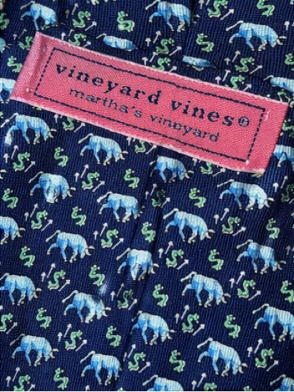 Vineyard Vines Navy Bulls & Dollar Sign Silk Tie Wall Street Finance Novelty - Picture 4 of 5